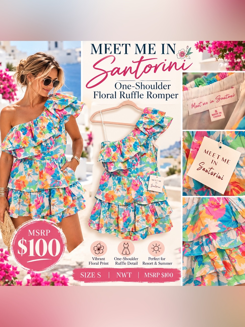 Meet Me in Santorini One-Shoulder Floral Ruffle Dress - Turquoise Multi